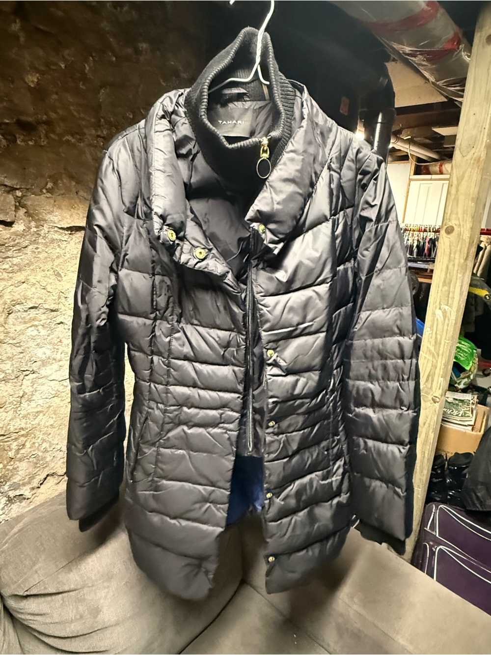 Tahari Black Quilted Puffer Coat with High Collar Sz small